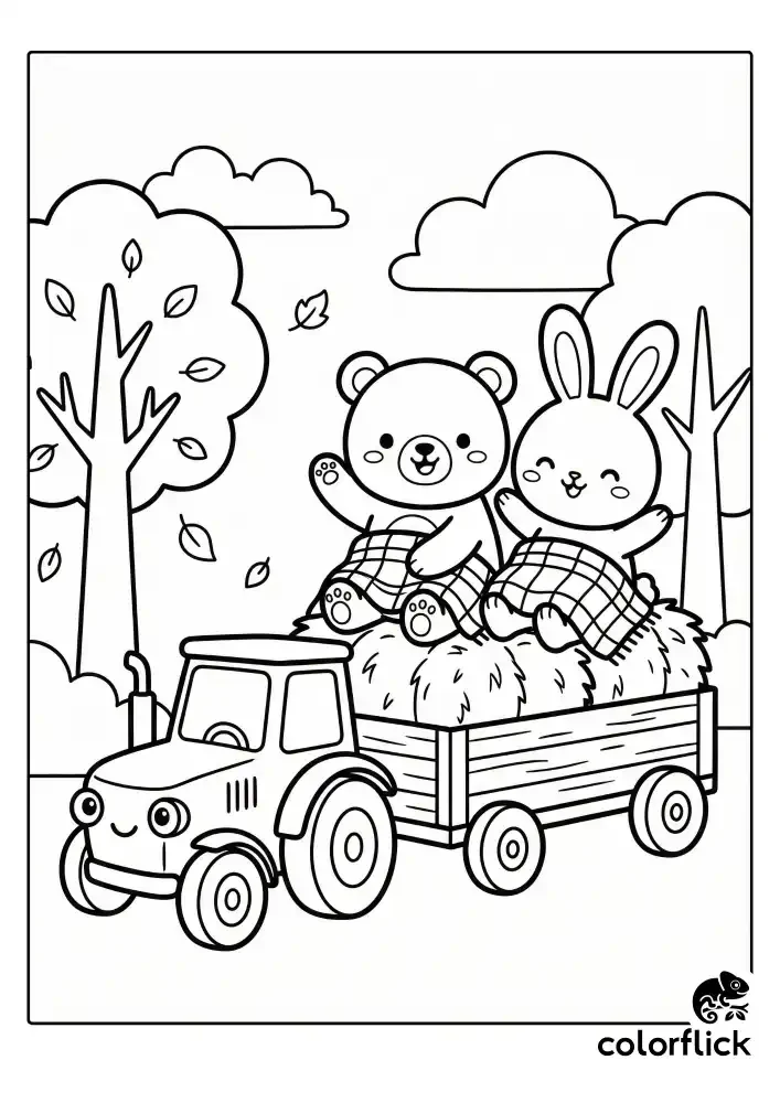 A black and white children's coloring page showing a happy cartoon bear and rabbit waving from hay bales in a wooden wagon pulled by a tractor, set against simple autumn trees.