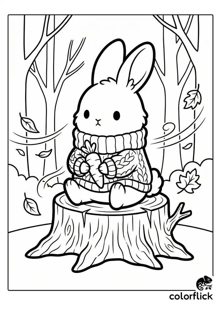 A black and white children's coloring page of a cute, fluffy bunny in an oversized knitted sweater, sitting on a tree stump and holding a carrot, with wind blowing leaves in a forest.