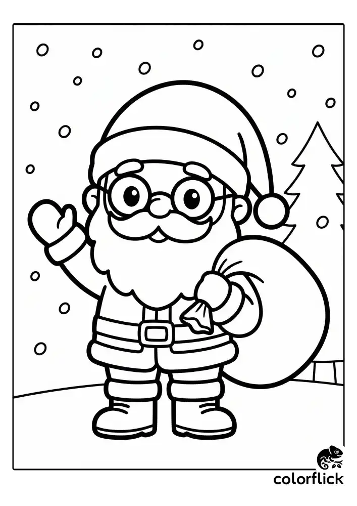 cute chibi Santa Claus standing and waving his hand while holding a large sack of toys over his shoulder. He has a fluffy beard, round glasses, and boots, set against a background of falling snow and a simple pine tree. The image is a black and white line art coloring page.