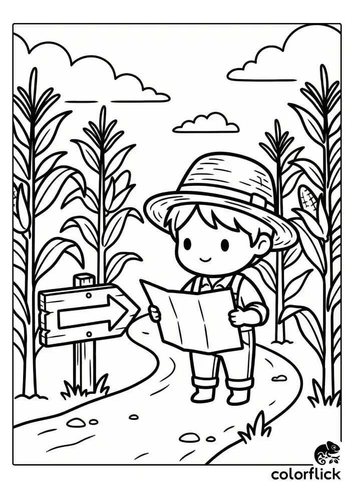 A black and white children's coloring page showing a cute, chibi-style child with a straw hat and overalls looking at a map while standing on a winding dirt path in a corn maze, with a wooden sign and simple clouds.