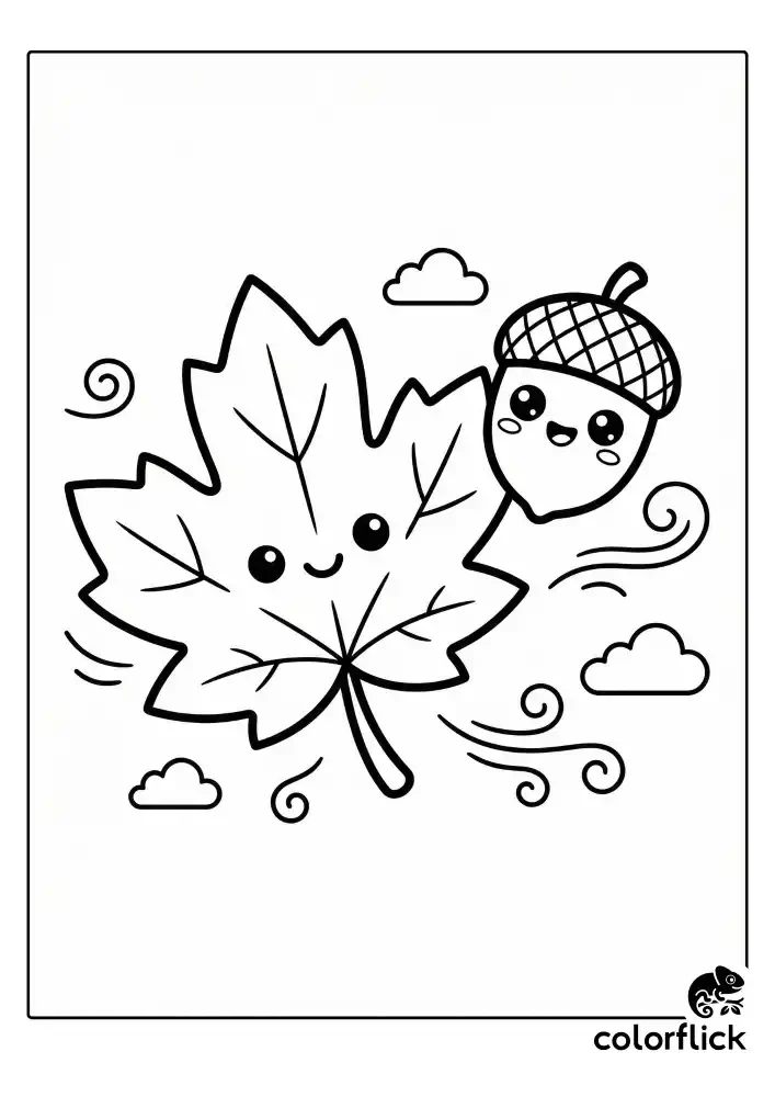 A black and white children's coloring page of a large, cute maple leaf and a happy acorn floating in the breeze with simple wind swirls and clouds.