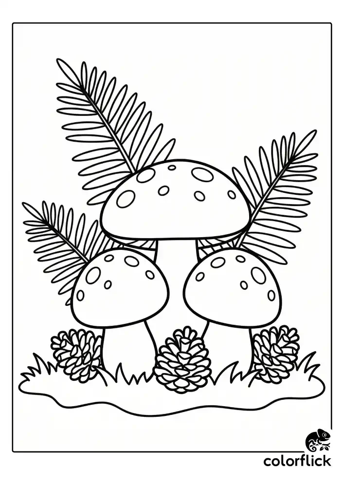 A black and white children's coloring page showing a cluster of cute, round mushrooms with large fern fronds behind them and pinecones at their base, all on a simple grassy ground line.