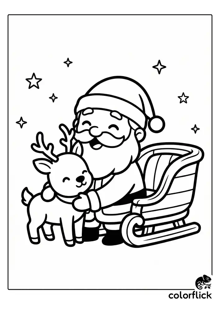 A happy chibi Santa Claus kneeling and hugging a small, cute reindeer with tiny antlers. They are smiling big with a simple wooden sleigh and scattered stars in the background. Bold black and white lines for easy coloring.