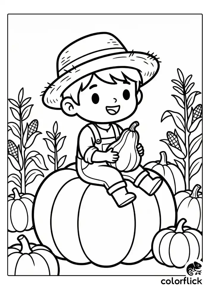 A black and white children's coloring page showing a cute farmer kid with a straw hat sitting on a large pumpkin, holding a gourd, surrounded by corn stalks.