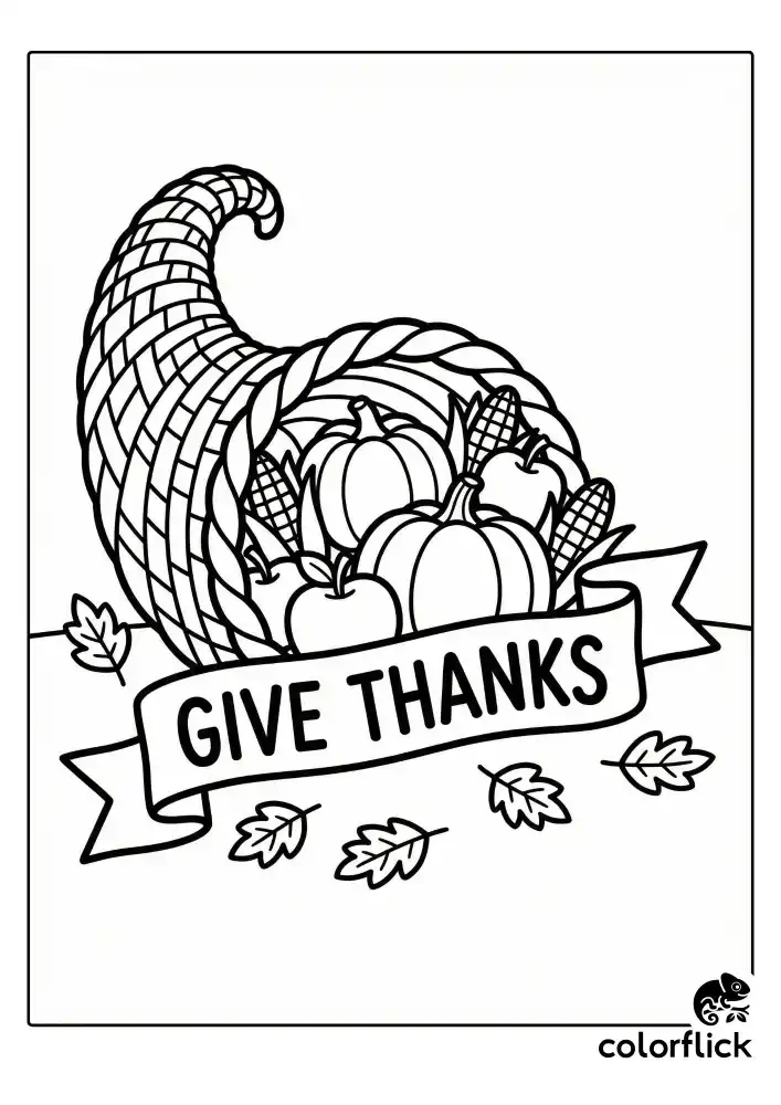 A black and white children's coloring page showing a large woven cornucopia horn overflowing with pumpkins, apples, and corn, with a ribbon banner in front that reads "GIVE THANKS", and autumn leaves scattered on the ground.
