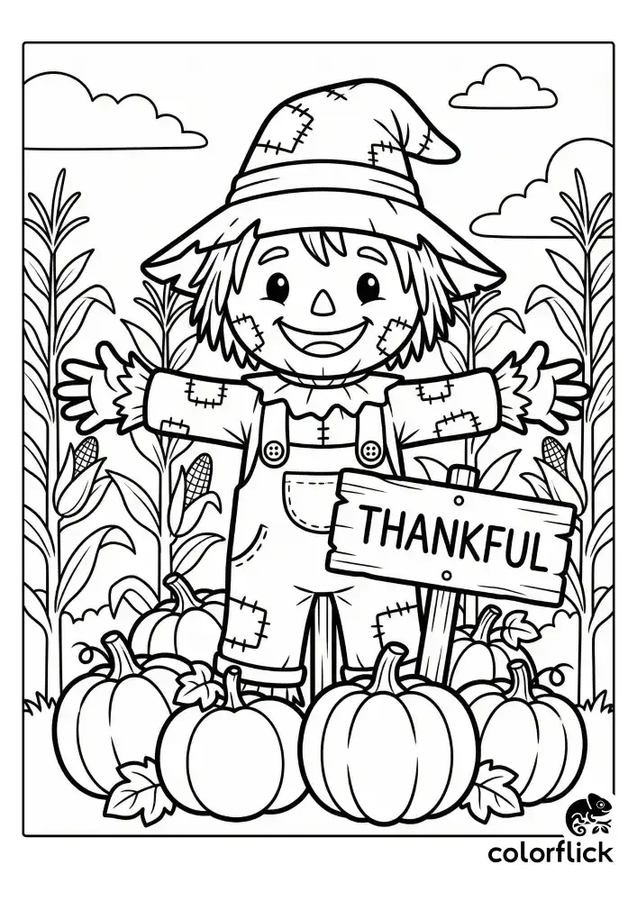 A black and white children's coloring page showing a happy patchwork scarecrow with open arms, a floppy hat, and overalls, holding a "THANKFUL" sign next to a pile of pumpkins in a corn field.