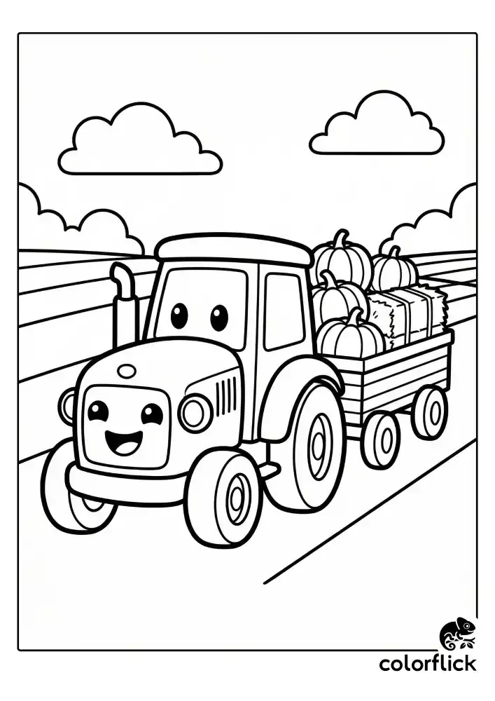 A black and white children's coloring page showing a happy cartoon tractor with a smiling face on its grille, pulling a wagon filled with pumpkins and hay bales through simple field rows.
