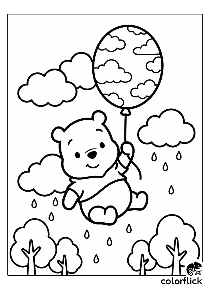 A black and white children's coloring page showing Winnie the Pooh holding a large balloon, floating in the air and trying to disguise himself as a rain cloud near a tree.