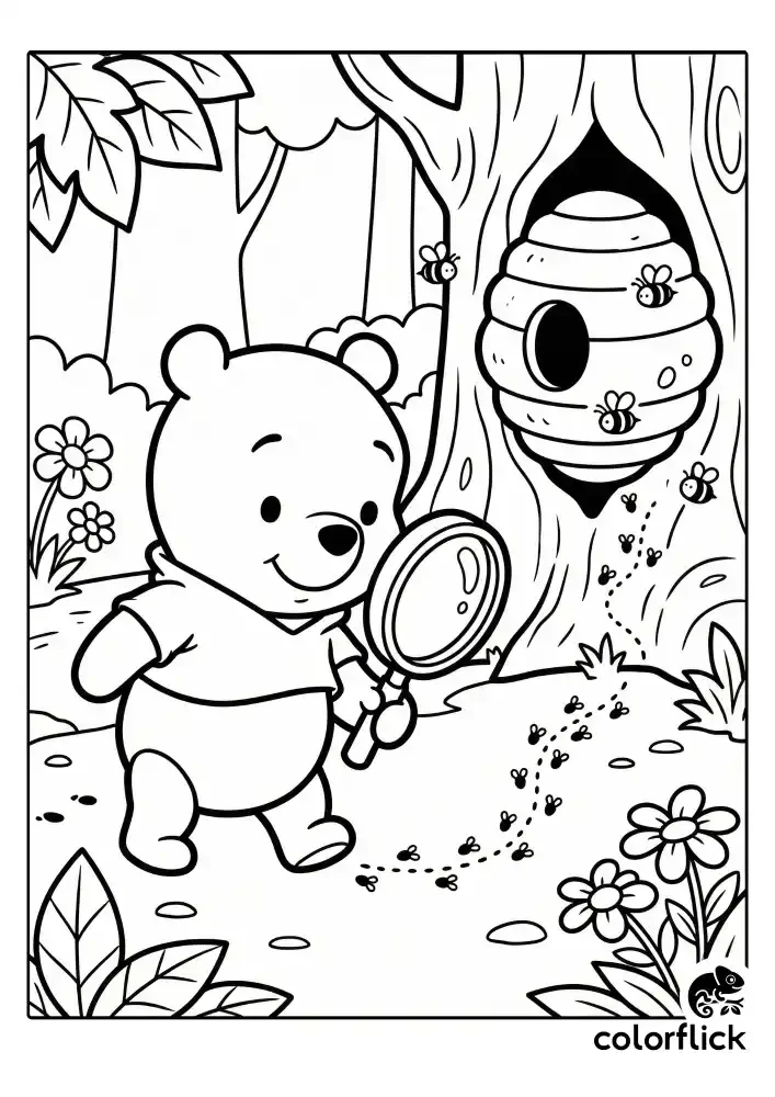 A black and white children's coloring page of Winnie the Pooh walking while holding a magnifying glass, following a trail of bee footprints to find a hive in the forest.