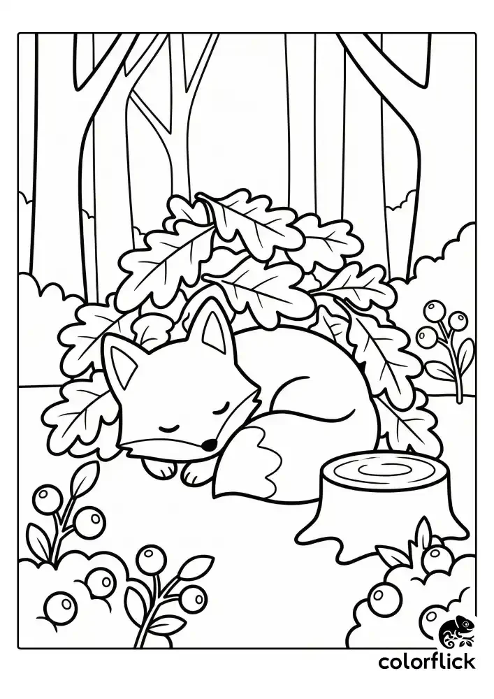 A cute, sleepy fox is curled up and resting under a pile of large oak leaves in a forest setting, next to berry bushes and a tree stump, in a black and white coloring page.