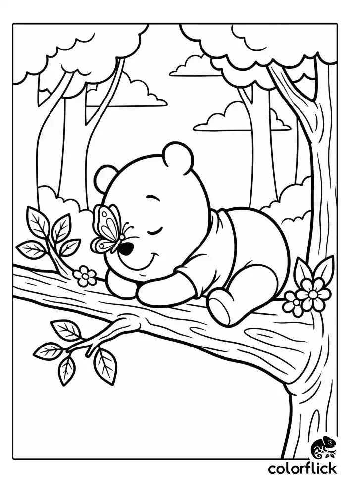 A black and white children's coloring page showing a cute Winnie the Pooh fast asleep on a low tree branch, with a tiny butterfly perched gently on his nose.