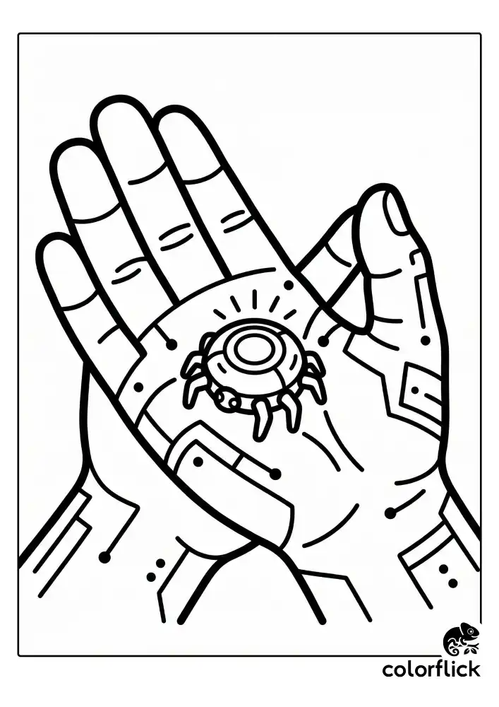 A close-up illustration of a tiny, metallic Spider-tracer gadget resting on an open palm, emitting a small blinking light signal against simple tech-glove details.