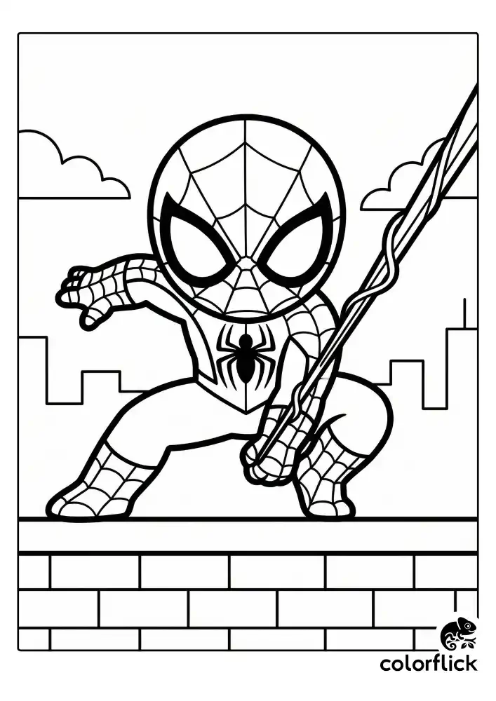 round and cute chibi Spiderman in a powerful low crouching pose on the edge of a rooftop. He is shooting a web from his wrist. The character features a big spider logo on his chest. The background shows a simple brick wall and a minimalist city horizon. The image is a clean black and white line art coloring page.