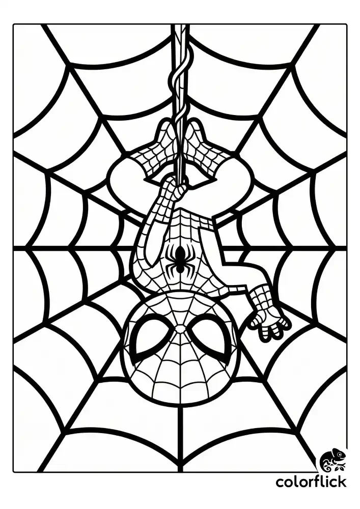 A cute chibi Spiderman hanging upside down from a web line with his legs crossed playfully. He is waving his hand and wearing his classic costume. The background features a large, simple spiderweb pattern. The image is a black and white coloring page with bold, clean vector lines.