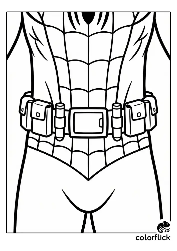 A detailed close-up view of Spiderman's waist, featuring a utility belt equipped with square pouches, a central buckle, and spare web cartridges set against the classic webbed suit pattern.