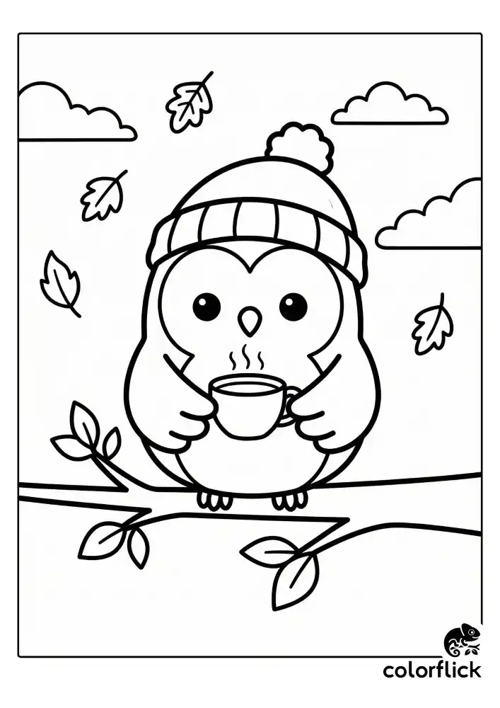 A black and white children's coloring page featuring a cute owl wearing a beanie, holding a warm tea cup on a branch with falling leaves and clouds in a simple background.