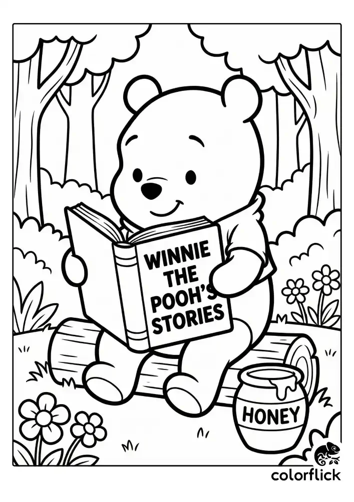 A black and white children's coloring page showing a cute round Pooh bear sitting on a log, reading a large open book titled "WINNIE THE POOH'S STORIES" with a honey pot nearby in the forest.