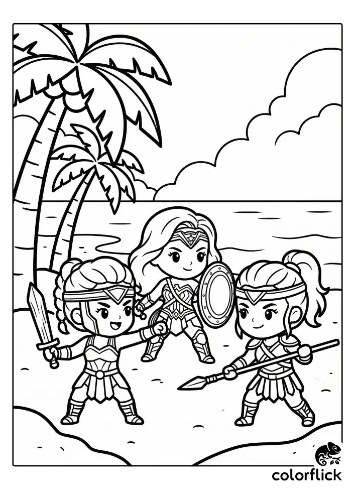 Three chibi Amazons practicing their combat skills with swords and shields on the sandy beaches of Themyscira under palm trees.