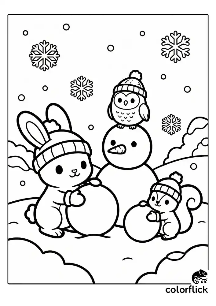 A fluffy bunny and a tiny squirrel building a small snowman, with a round owl perched on top. The animals are wearing winter hats and mittens. The snowman has a carrot nose, set against simple snowy hills and falling flakes. Black and white vector illustration.