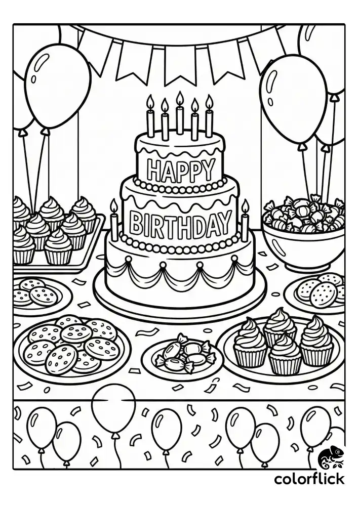 A delicious coloring page featuring a big birthday cake with candles, cupcakes, cookies, and a candy bowl arranged on a table, drawn in bold black outlines for kids.