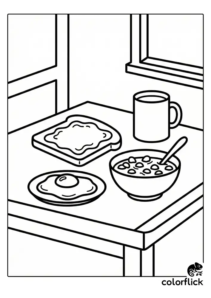 A wholesome breakfast coloring page featuring toast with jam, a fried egg, and a bowl of cereal on a simple table, drawn in bold black outlines without borders.
