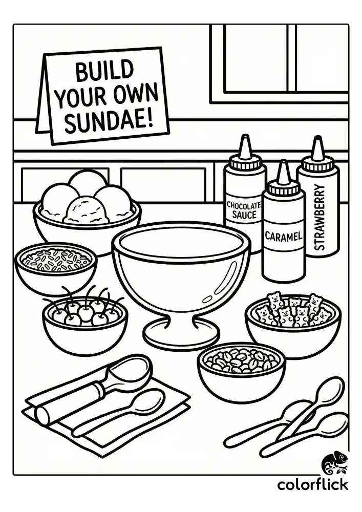 A fun activity coloring page showing a build-your-own sundae station with a bowl, ice cream scoops, toppings, and sauces, drawn in bold black outlines.