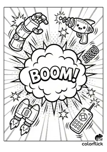 A fun coloring page featuring a comic-book style explosion cloud with superhero gadgets flying midair, drawn in bold black outlines for kids.