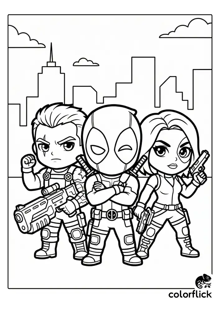 A cute coloring page of Deadpool, Cable, and Domino standing together in a hero team pose, drawn in a simple chibi style with clean black lines.