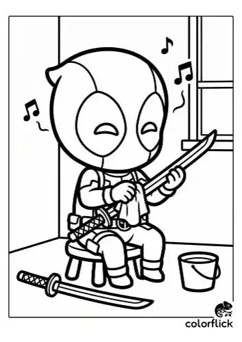 A cool coloring page featuring a close-up of cute chibi Deadpool's twin katanas and utility belt, drawn with thick, clean black outlines.