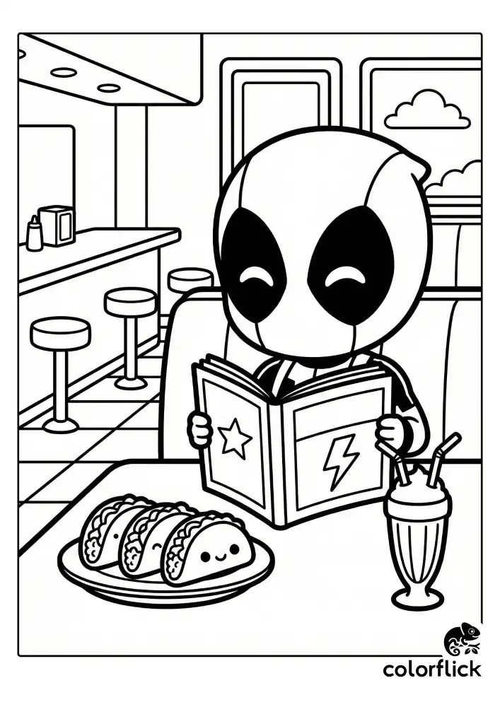 A fun coloring page showing a cute chibi Deadpool sitting at a diner table, enjoying a plate of tacos while reading a comic book, drawn with simple black outlines.