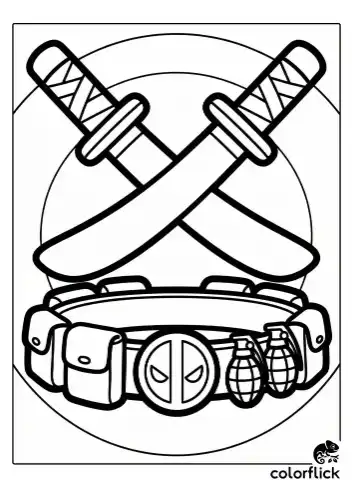A cool coloring page featuring a close-up of cute chibi Deadpool's twin katanas and utility belt, drawn with thick, clean black outlines.