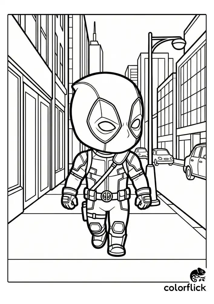 A cute coloring page showing chibi Deadpool walking through downtown streets with simple buildings in the background, drawn in bold black outlines.