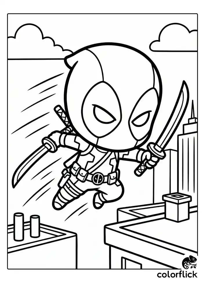 A dynamic coloring page showing a cute chibi Deadpool leaping across city rooftops holding his katanas, drawn in bold black outlines with a simple skyline background.