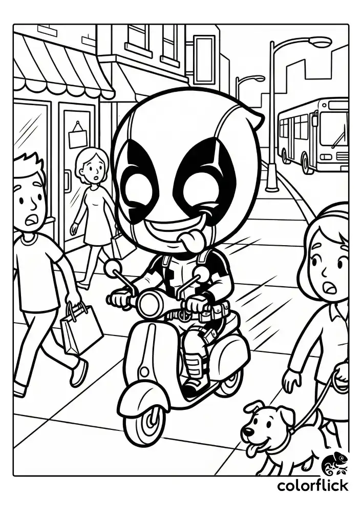 A funny coloring page showing a cute chibi Deadpool riding a kick scooter along a simple sidewalk, drawn in bold black outlines for kids.