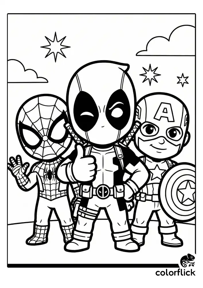 A fun coloring page featuring a cute chibi Deadpool posing proudly alongside Spider-Man and Captain America in a heroic team stance, drawn with thick, clean outlines.