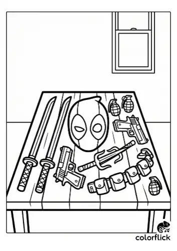 A cool coloring page showing a collection of cute Deadpool weapons and gadgets arranged on a table, drawn in bold black outlines for kids.