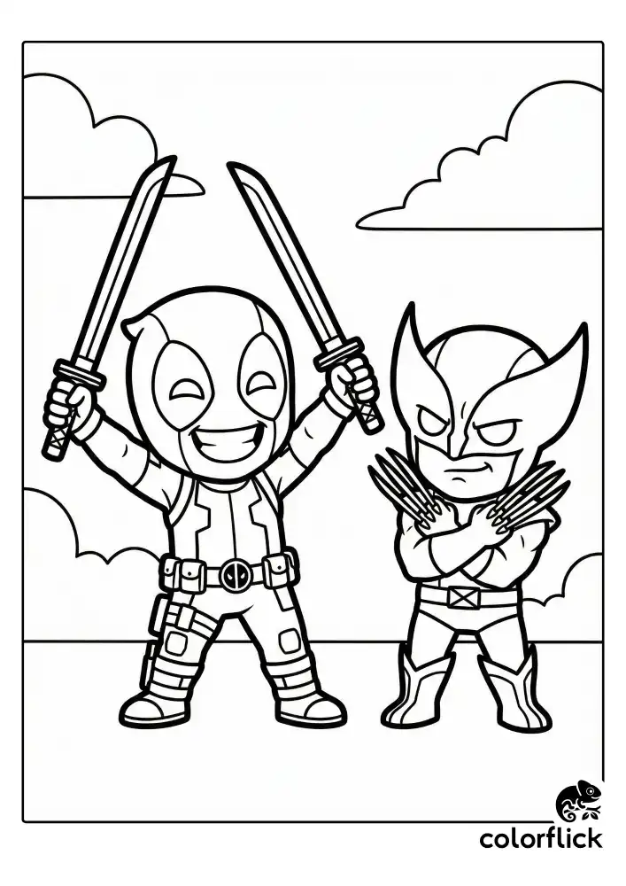 A funny coloring page showing a cute Deadpool playfully showing off his swords to a grumpy-looking Wolverine, drawn in a simple chibi style with clean black outlines.