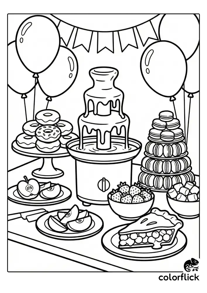 A delicious coloring page featuring a dessert buffet with pie slices, donuts, macarons, and a chocolate fountain, drawn in bold black outlines without a border.