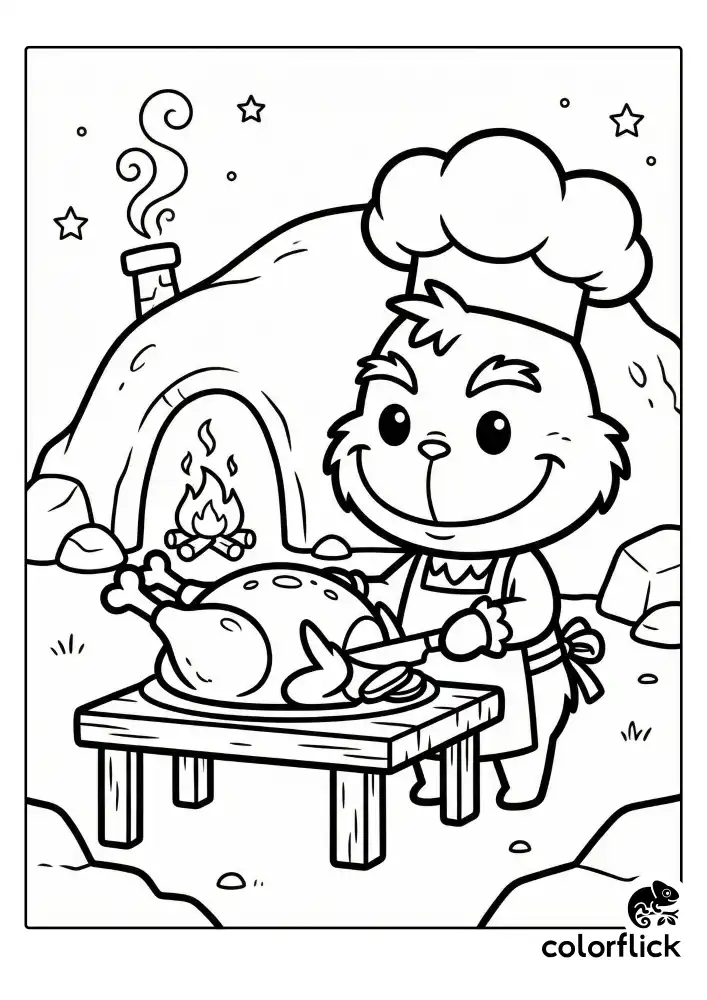 A happy chibi Grinch stands outside a simple cave entrance, holding a knife and fork over a large, steaming roast beast.