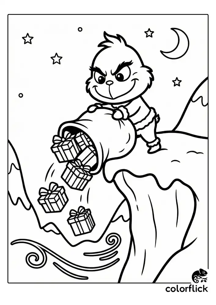 A determined chibi Grinch tipping a massive, overflowing sack of stolen presents over the edge of a snowy mountain cliff into the deep abyss below.
