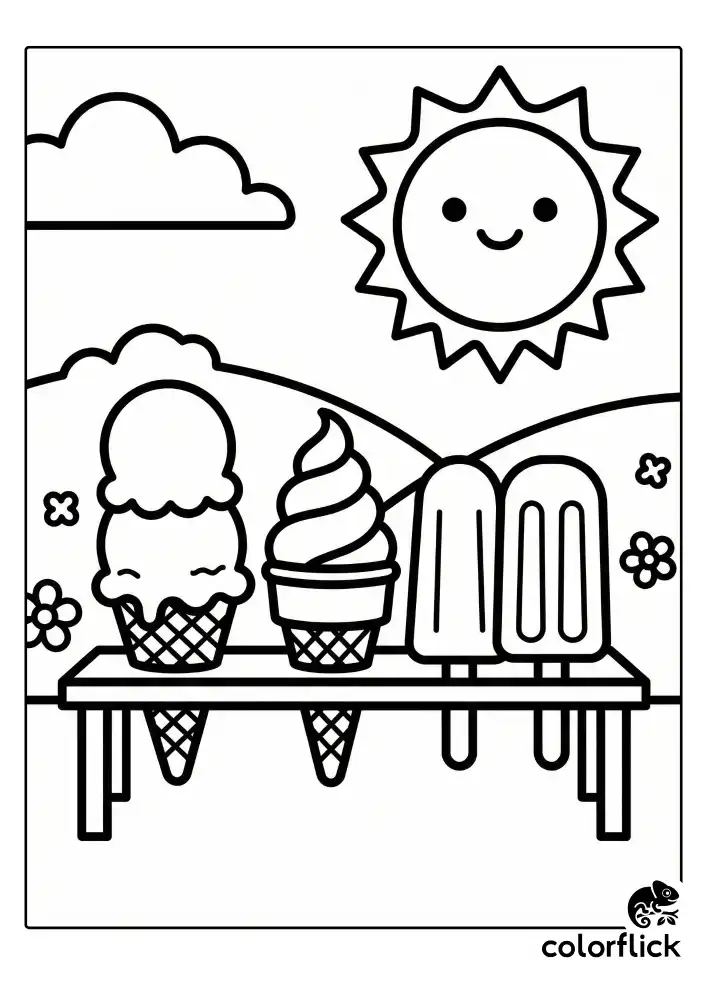 A refreshing coloring page featuring three ice cream cones and popsicles on a sunny day with a simple sun background, drawn in bold black outlines.