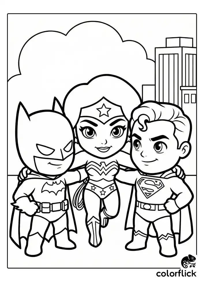 A cute chibi illustration featuring Wonder Woman, Batman, and Superman standing together in a heroic team huddle, drawn with thick clean outlines for easy coloring.