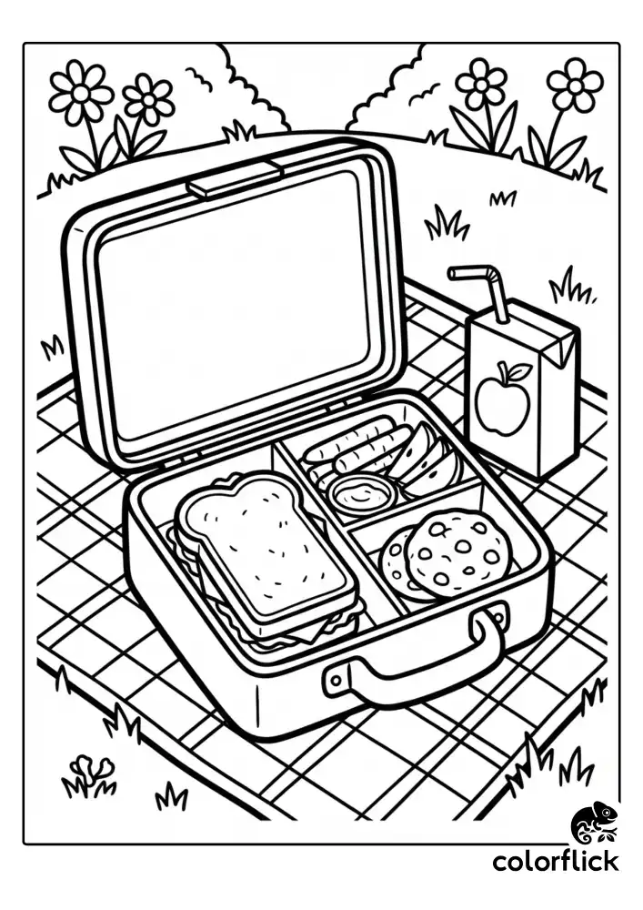 A cute coloring page featuring an open lunchbox with a sandwich, carrot sticks, apple slices, and a cookie, drawn in bold black outlines for kids.