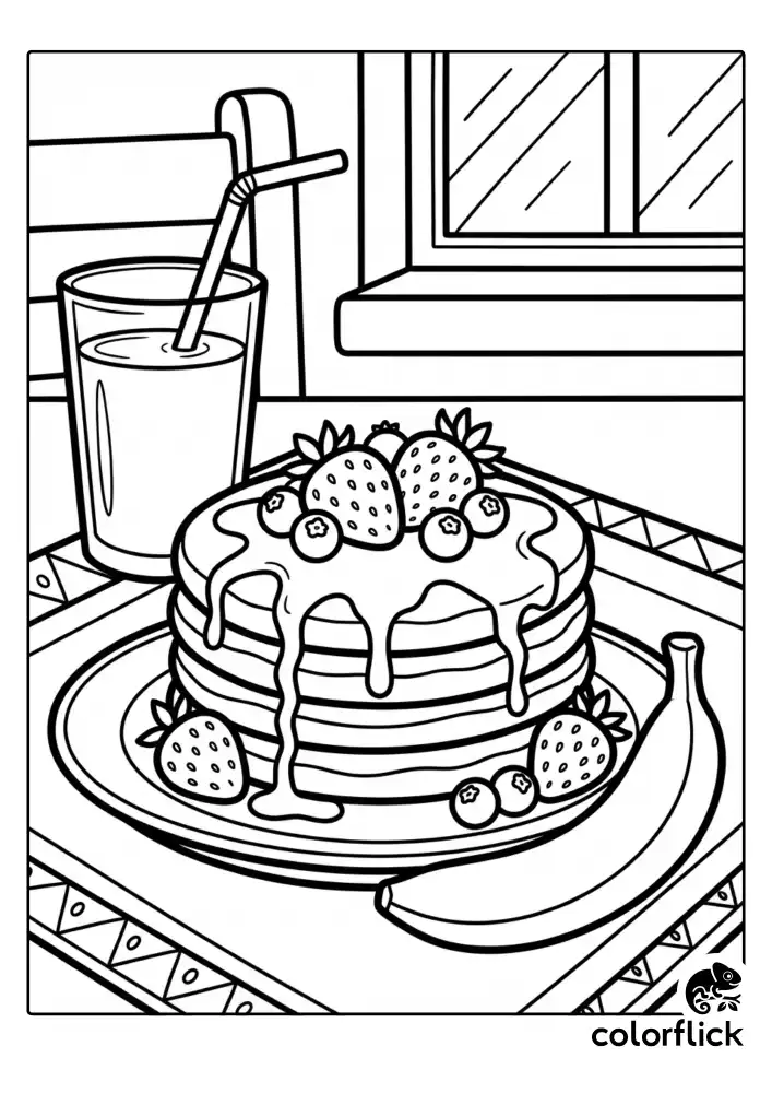 A yummy breakfast coloring page featuring a stack of pancakes with syrup and berries, served with a glass of juice and a banana, drawn in bold black outlines.