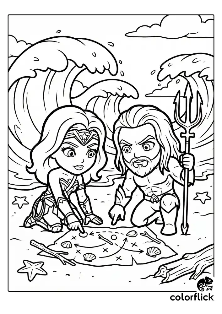 A cute coloring page showing Wonder Woman and Aquaman looking down at a plan drawn in the sand, with simple ocean waves in the background.