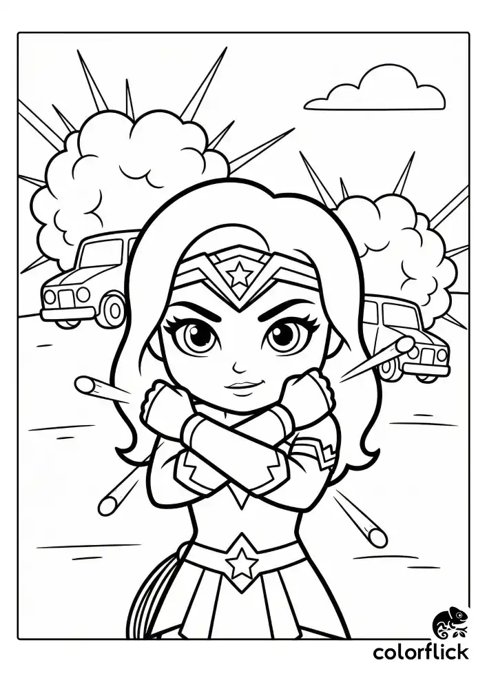 A cute chibi-style Wonder Woman crossing her silver bracelets to deflect incoming projectiles, set against a backdrop of simplified car outlines and cartoon explosions designed for coloring.