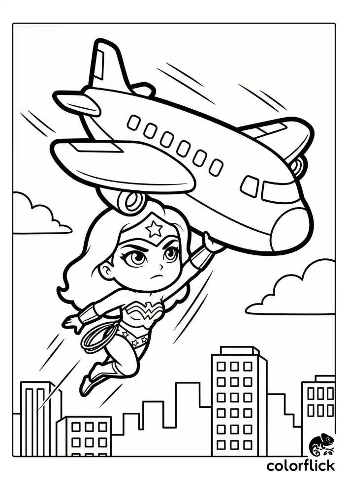 A dynamic illustration of a cute Wonder Woman flying upwards to rescue a falling airplane, set above a simplified Metropolis city skyline designed for coloring.