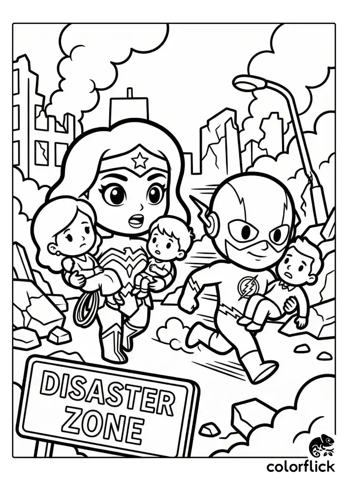 A dynamic chibi coloring page featuring Wonder Woman and The Flash working together to guide civilians to safety amidst a simplified, kid-friendly disaster background.