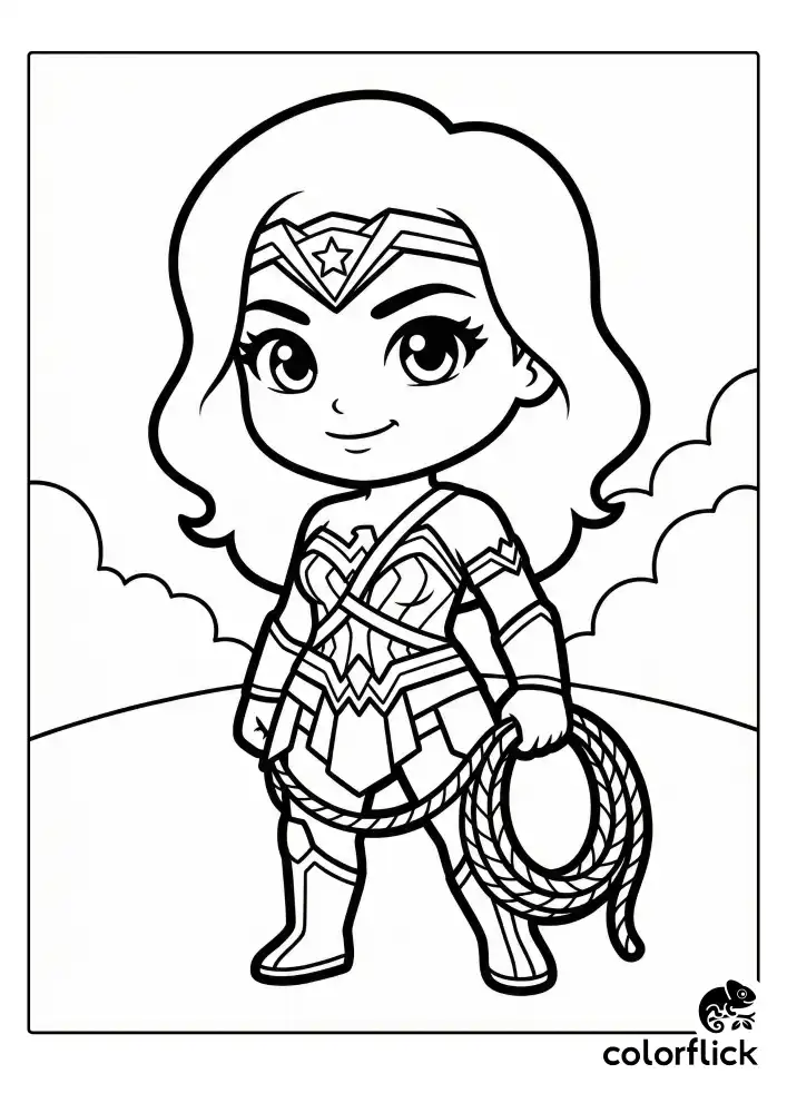 Adorable chibi Wonder Woman standing confidently with her Lasso of Truth coiled in her hand, set against a simple backdrop of rolling hills and clouds.