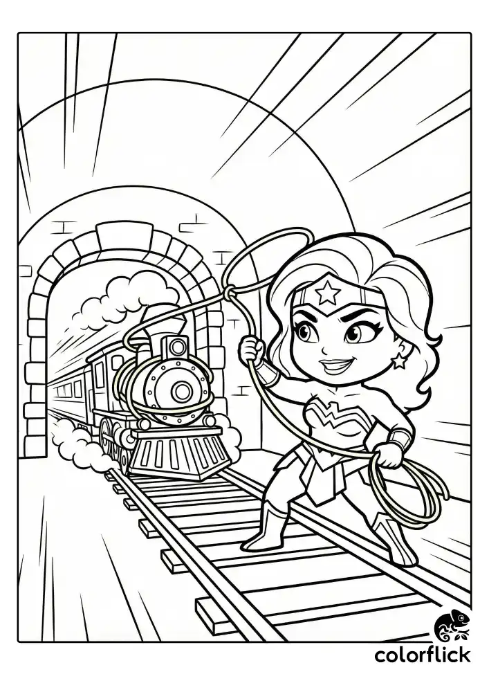 A dynamic coloring page showing a cute Wonder Woman using her magic lasso to stop a speeding train emerging from a simple tunnel, drawn with clean black outlines.